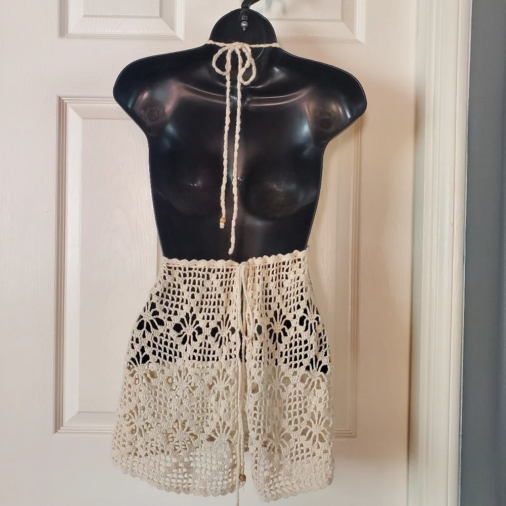 Lilu Y2K Crochet Tank Top Ivory Back Tie Romantic Sexy Bohemian Size Medium